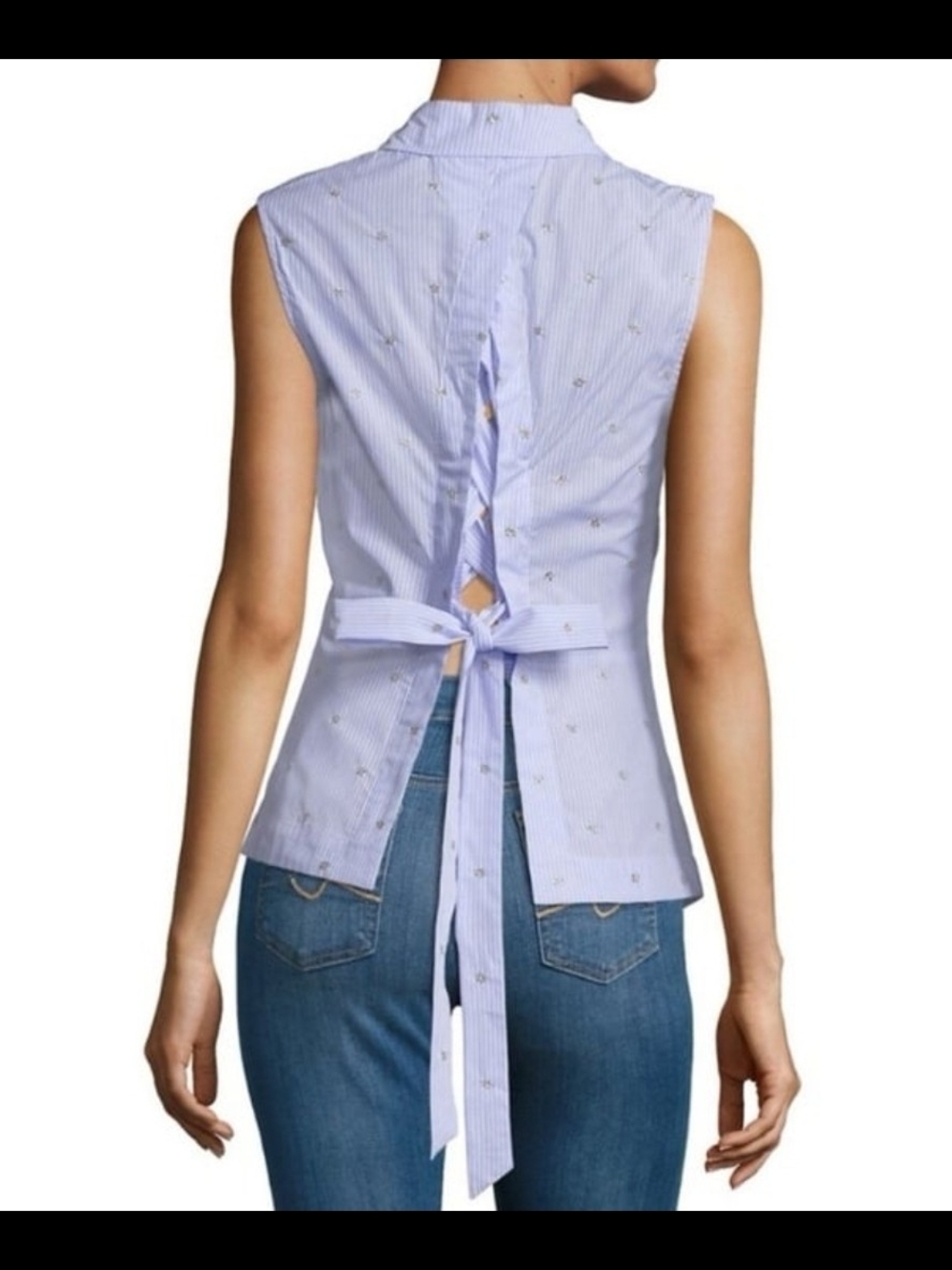 Derek Lam 10 Crosby Light Blue Striped Embroidered Lace Up Back Top